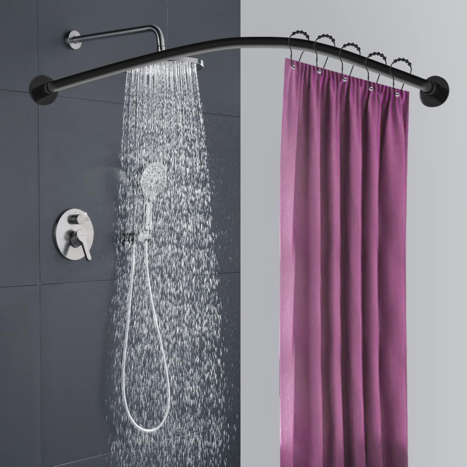 Tringle à rideau de douche en forme de L en acier inoxydable noir extensible pour rideau de douche d'angle pour salle de bain et baignoire, sans perçage
