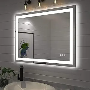 Amorho LED Bathroom Mirror 40"X32" with Front and Backlit, Stepless Dimmable Wall Mirrors with Anti-Fog, Shatter-Proof, Memory, 3 Colors, Double LED Vanity Mirror (Horizontal/Vertical)