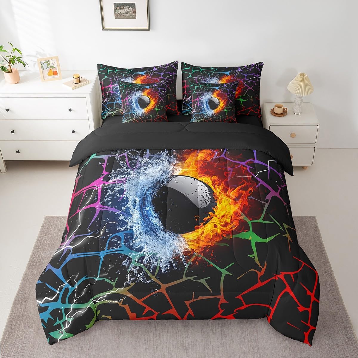 Erosebridal Skateboard Comforter Set with Sheets Twin for Boys Ice Fire Skateboarding Kids Bedding Set Abstract Rainbow Stripes 7 Piece Bed in A Bag,Rainbow Abstract Geometric Stripes Bed Set