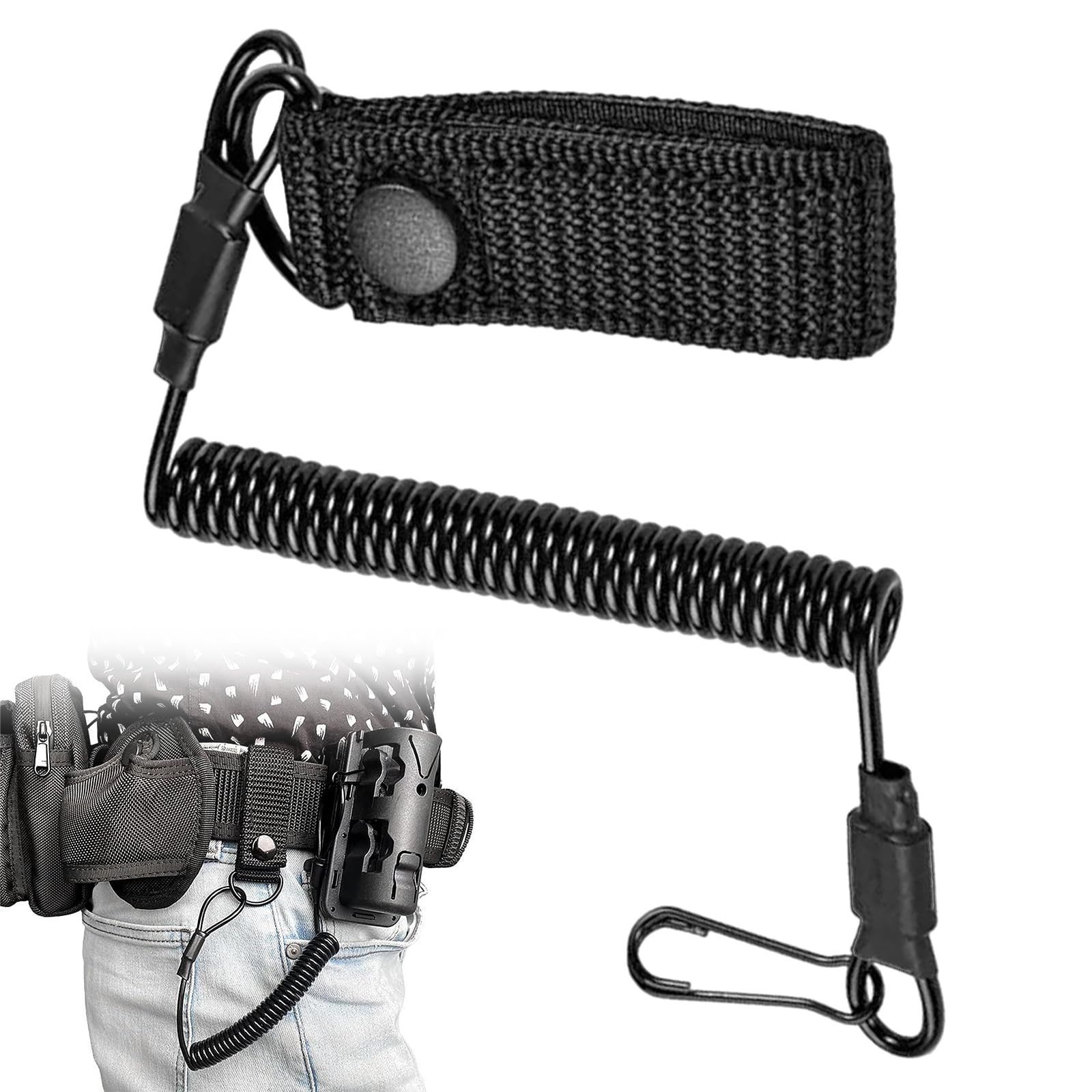 Tactical Lanyard, Cavo a Spirale Elastico con 2 Moschettoni, Supporto per Attrezzatura della Polizia, Portachiavi e Fondina per Torcia, Colore Nero