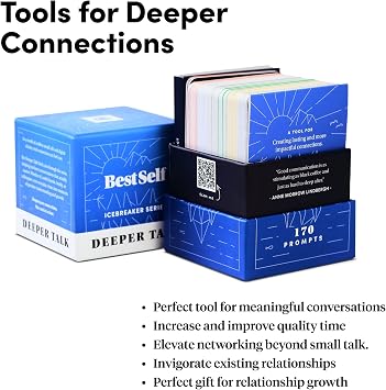 BestSelf Deeper Talk Deck 170 Conversation Starter Cards, 6 Categories | Real talks for friends, family, coworkers & dates. The ultimate icebreaker game.