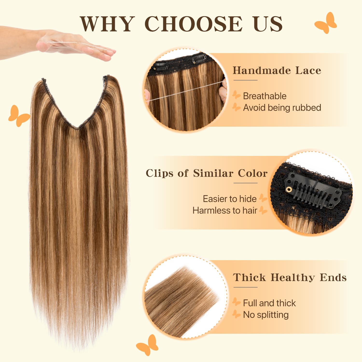 TESS Halo & Clip in Hair Extension 100% Real Human Hair Wig One Piece Adjustable Invisible Transparent Wire with 2 Secure Clips for Women UK #4P27 Medium brown&Dark blonde 18 inch 65g - Image 3