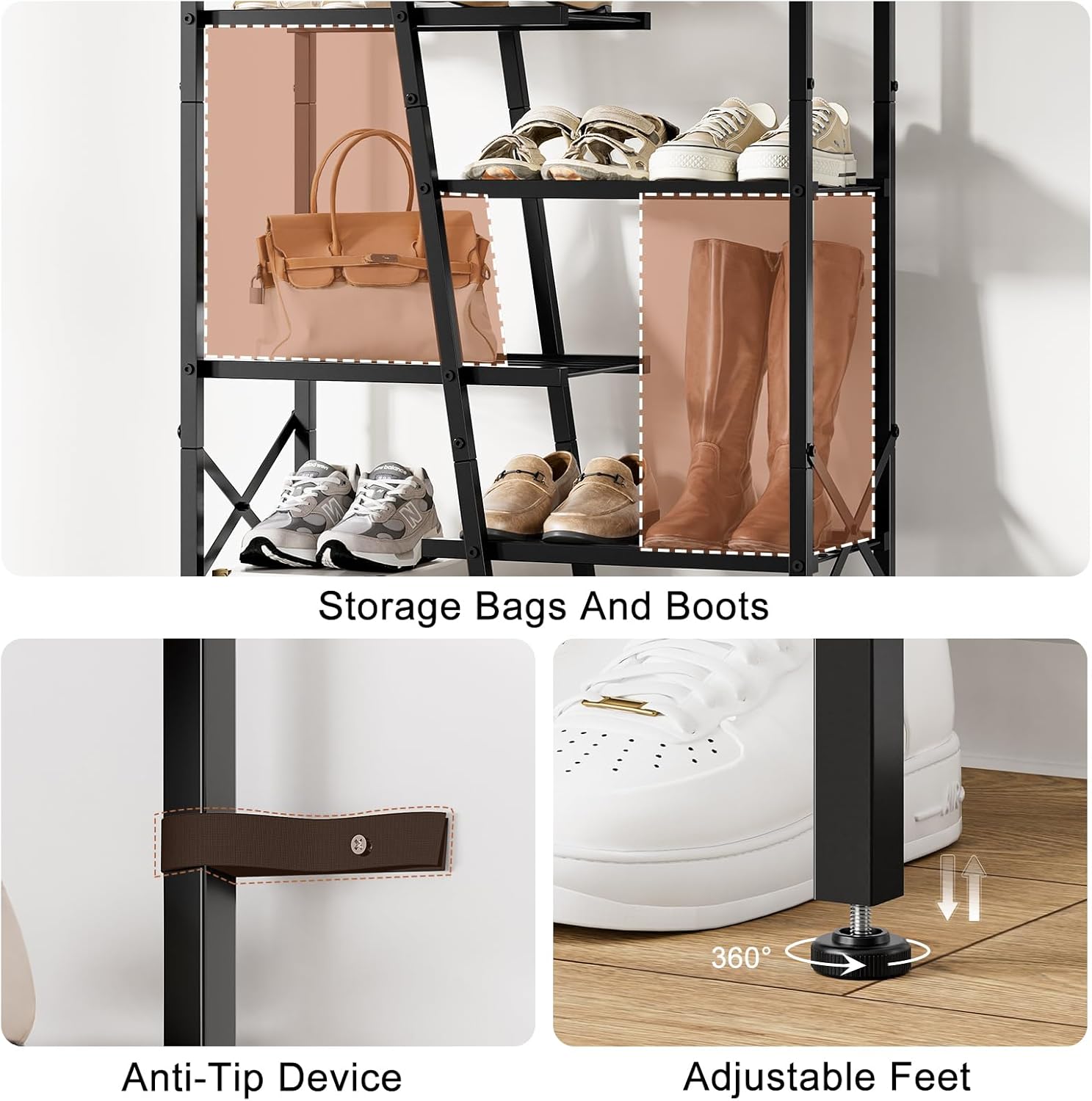 Shoe Rack, 6-Tier Boot Rack, Wooden Storage Organizer for Tall Boots, Sneakers, Metal Shoe Rack Organizer with Metal Mesh Shelves, 10-12 Pairs of Shoes for Closet, Entryway, Rustic Brown