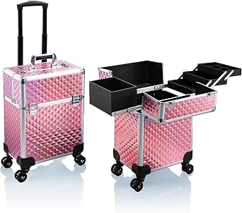 Stagiant Rolling Makeup Train Case Large Storage Cosmetic Trolley 4 Tray with Sliding Rail Removable Middle Layer with Key Swivel Wheels Salon Barber Case Traveling Cart Trunk