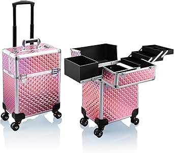 Stagiant Rolling Makeup Train Case Large Storage Cosmetic Trolley 4 Tray with Sliding Rail Removable Middle Layer with Key Swivel Wheels Salon Barber Case Traveling Cart Trunk