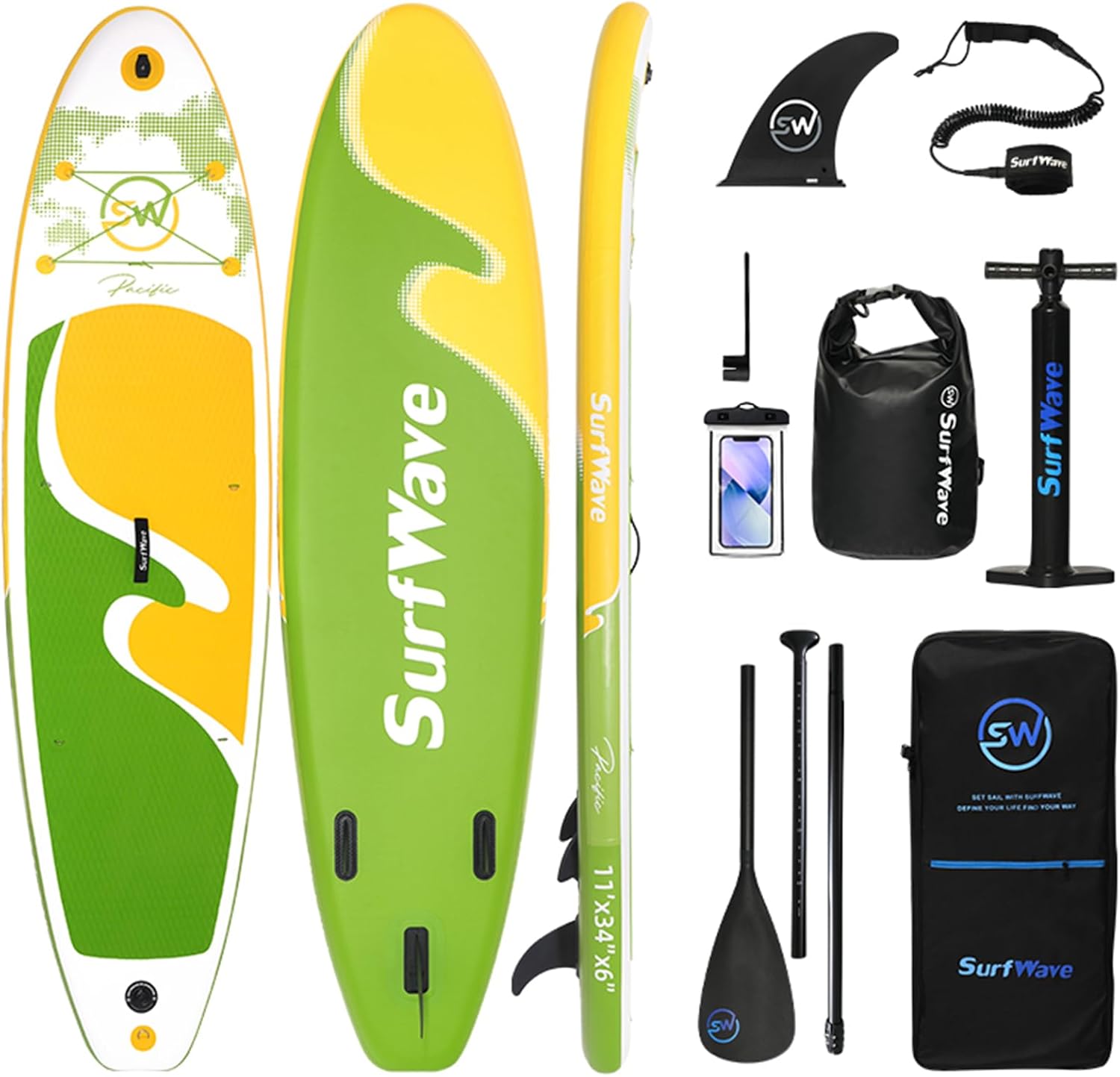 11'/6"×34" Inflatable Stand Up Paddle Board w/Premium SUP Accessories & Backpack, Beginner SUP, Bottom Fin for Paddling, Paddle, Leash, Surf Control, Non-Slip Deck