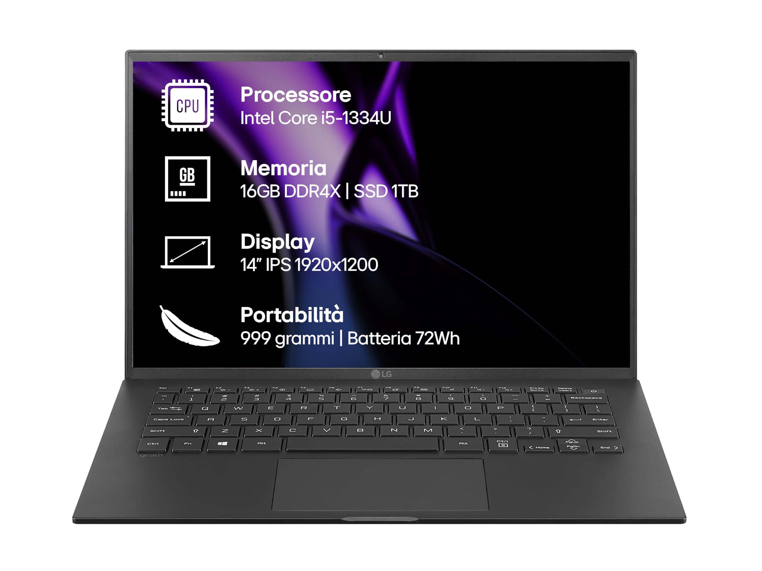 LG gram 14Z90RU, Notebook 14" 1920 x 1200, Intel Core i5-1334U, 16GB RAM, 1TB SSD, Ultraleggero solo 999g, Batteria 72Wh, Windows 11 Home, Tastiera italiana, Nero