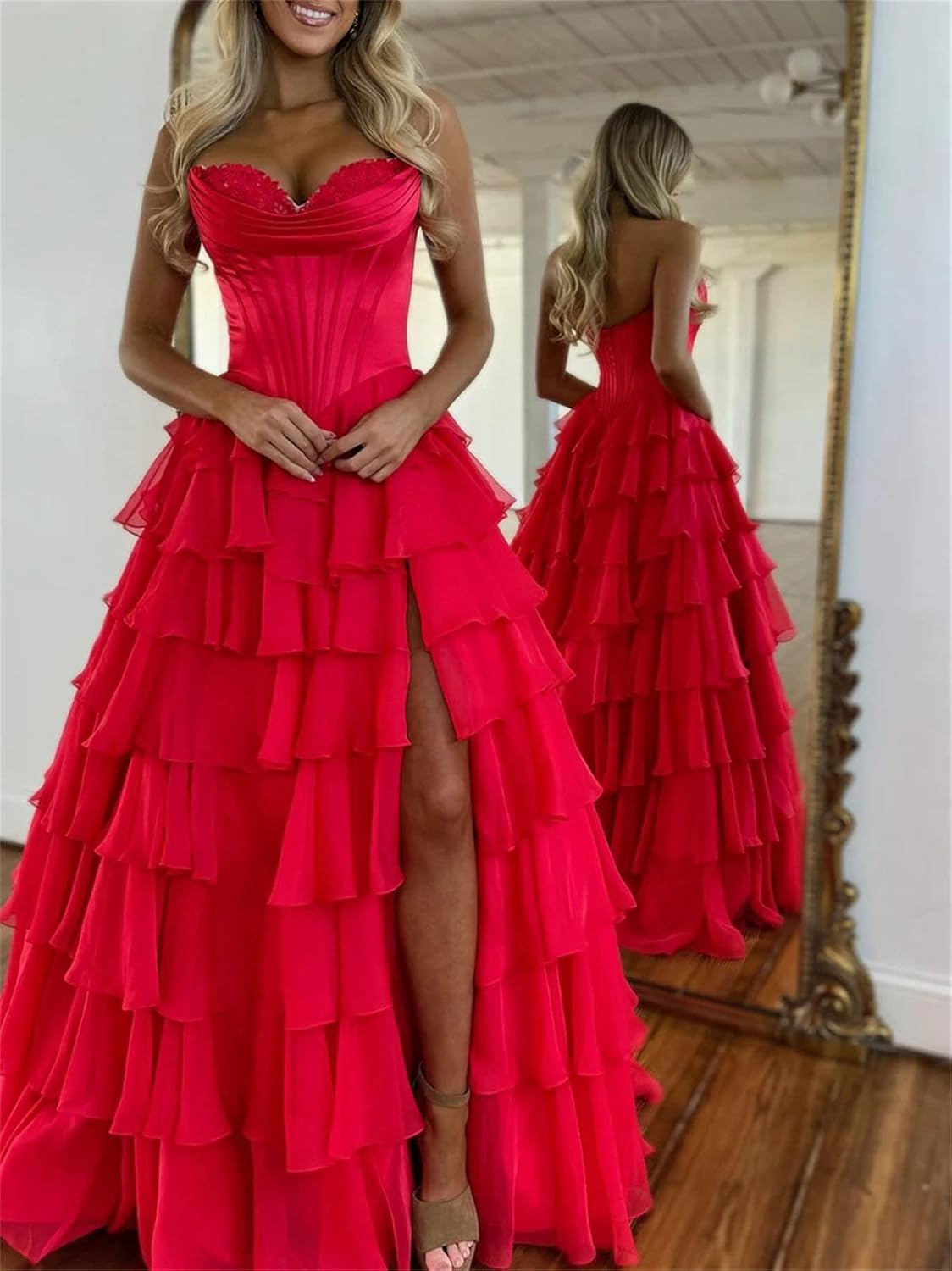 Women's Romantic Ruffled Patchwork Dress - Strapless Sleeveless High Waist Party Gown