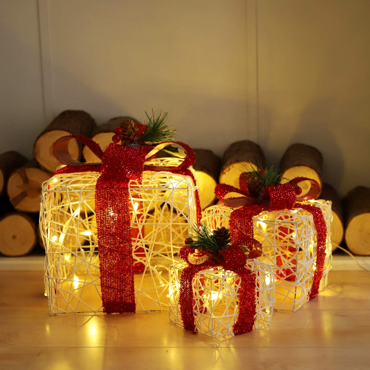 SALCAR Caja de Regalo Decorativa LED Set de 3 Piezas, 20/14 / 10 cm, Cajas Luminosas de decoración navideña con 8 Modos - Blanco cálido