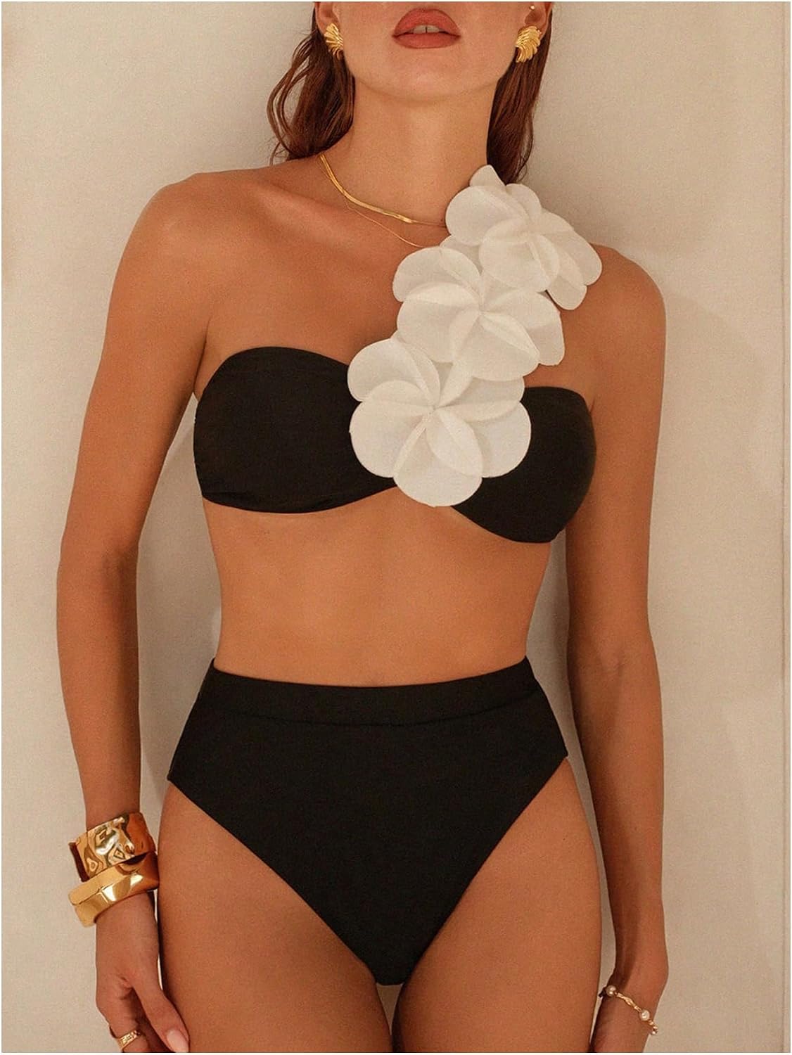 SHENHE Women's One Shoulder Bikini Set High Waisted 3D Flower Bandeau Swimsuits 2 Piece Swimwear