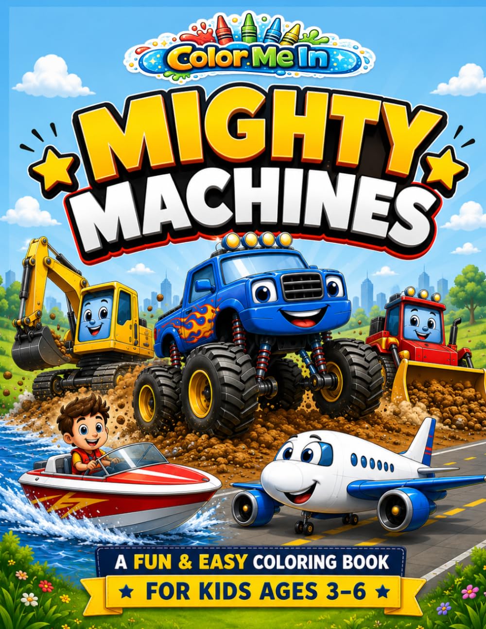 Color Me In: Mighty Machines: Fun Coloring Pages Filled with Monster Trucks, Construction Vehicles, Boats, Planes, and Mighty Machines for Kids Ages 3–6