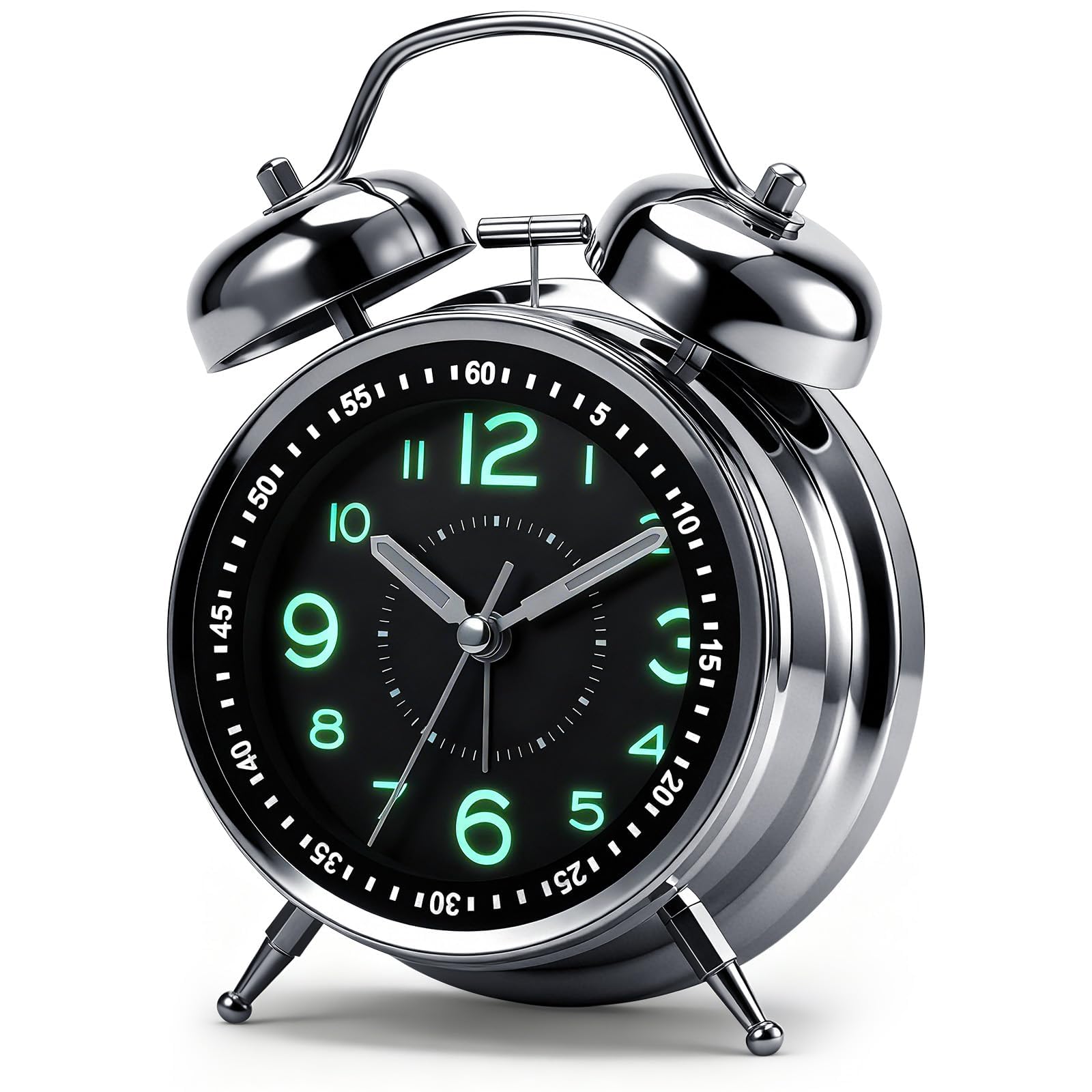 Twin Bell Alarm Clock, Extra Loud Ring for Heavy Sleepers & Deep Sleep Adults, Battery Operated, Silent Non-Ticking Mechanism with Luminous Numerals, Elegant Retro Metal Design for Bedroom (Black)