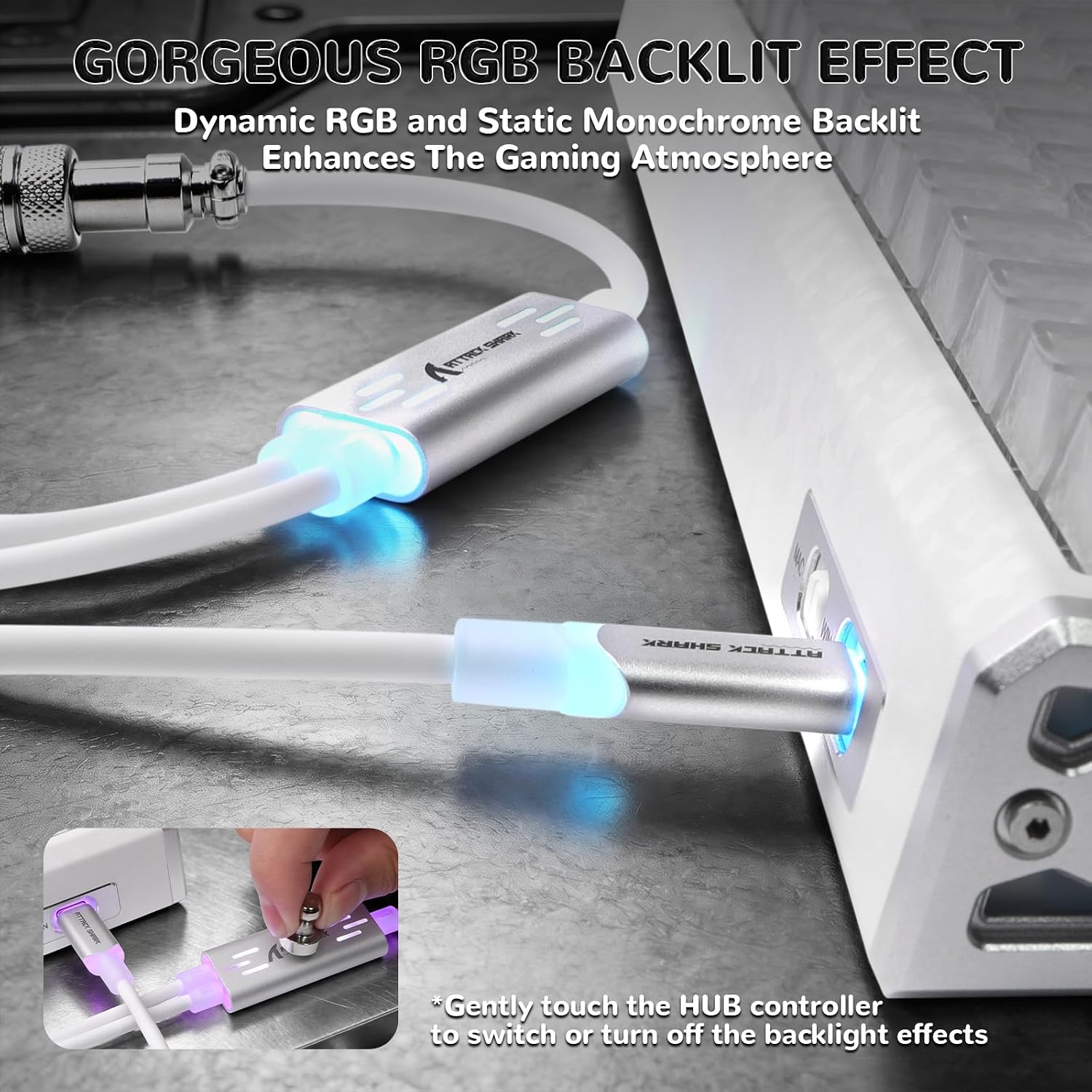ATTACK SHARK C08 Custom Coiled USB C to A Cable for 8kHz Magnetic Keyboards,8K Dual Type-C Cable Hub, Magnetic Control RGB Light, High Speed Transmission Gaming Cable for Win/Mac/Gamers(White) image 2