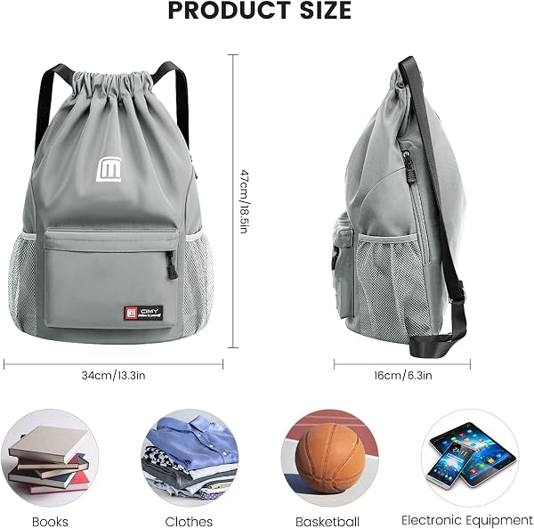 Sac à Dos à Cordon, Imperméable Large Bandoulière Sacs de Sport à Cordon Sac de Gym Avec Poche Intérieure Et Poche De Sécurité avec Poche Avant Et Arrière Zippée, Gris - 5