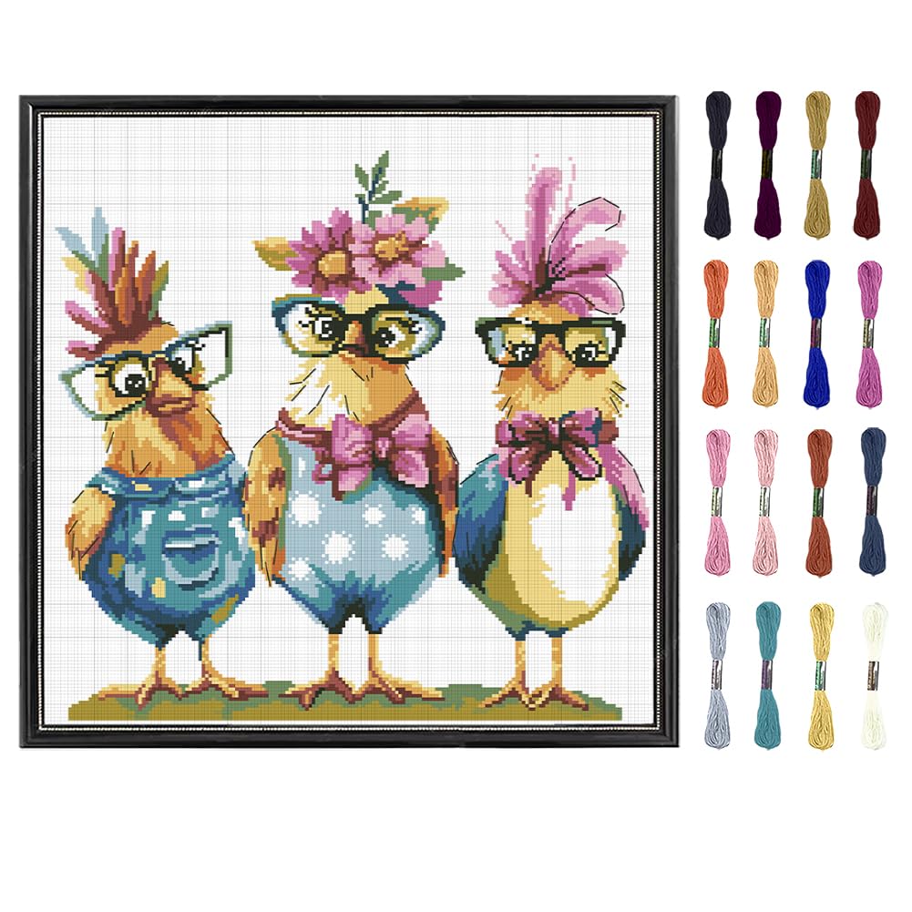 FREEBLOSS Cross Stitch Kit Funny Chicks Stamped Cross Stitch Wall Hanging for Adults with Instructions Pure Cotton Cloth for Beginnrs 17.7''*17.7'' No Frame
