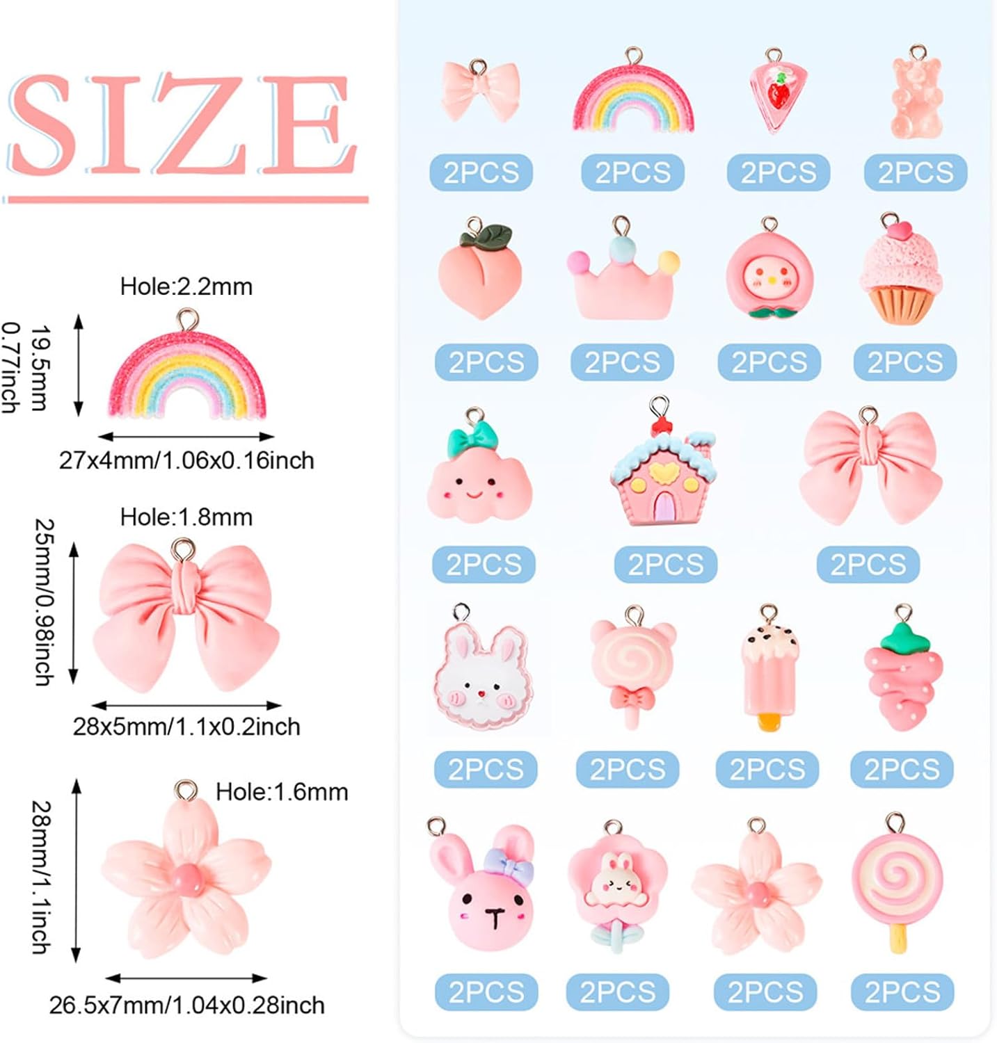 Beadthoven 38pcs 19 Styles Resin Charms: Pink Rabbit Cake Sunflower Bowknot Mini Cute Animal Food Fruit Dangle Charms for Jewelry Making - Image 3