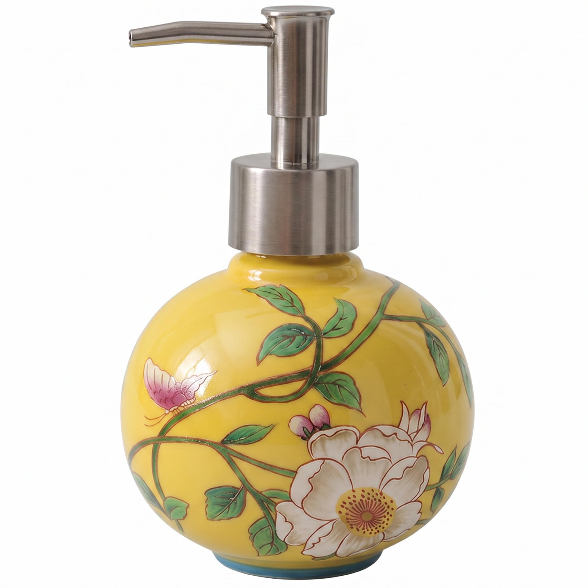 StaZamor Decorative Floral Ceramic Soap Dispenser for Bathroom & Kitchen, Refillable Pump Bottle for Hand Soap, Lotion, Dish, Vintage Home Decor, Yellow