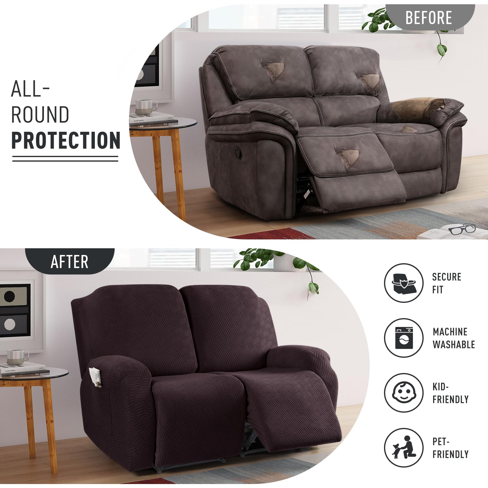 KinCam Jacquard Recliner Chair Cover, Stretch Sofa Slipcover with Armrest & Pocket - Image 4