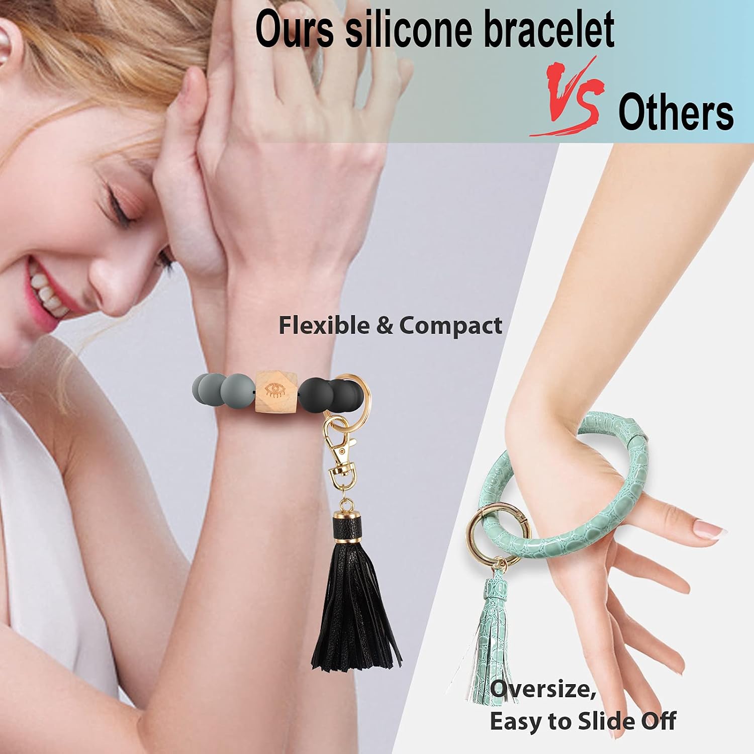 Key Ring Bracelet Wristlet Keychain: Silicone Beaded Bangle Chains