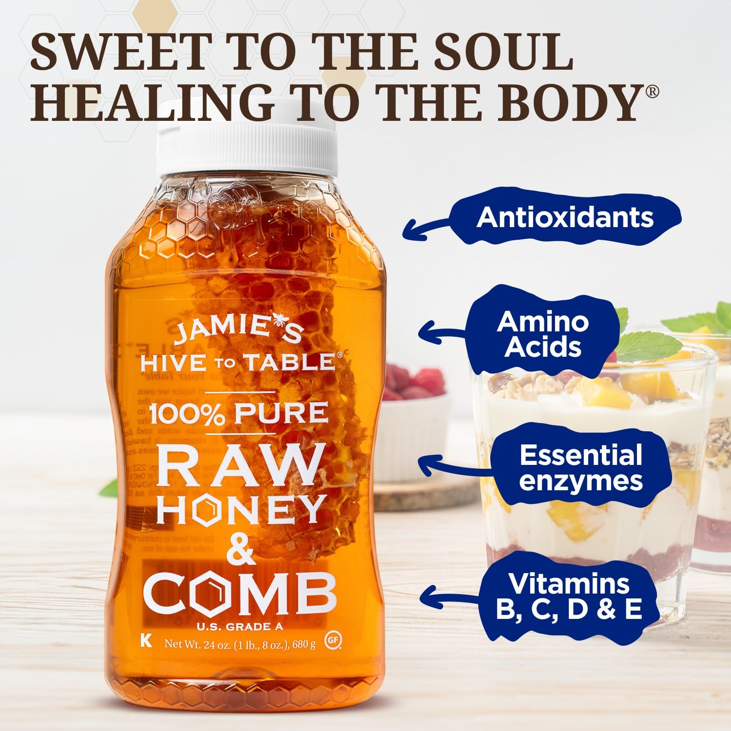 Jamie's Hive To Table 100% Pure Honey with Honeycomb, 24 Oz – USA Made Raw & Unfiltered Honey – Fresh Edible Honeycomb – All-Natural Sweetener – Rich Flavor Profile, Packed with Nutrients