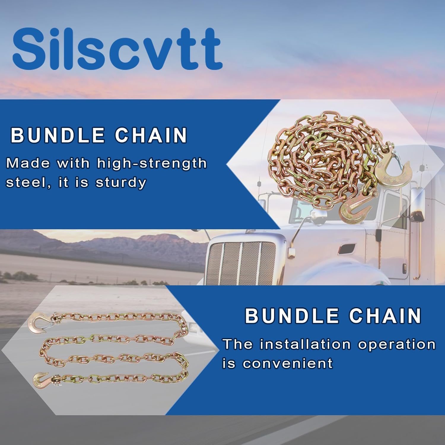 Silscvtt G70 Gold Steel 3/8in×8ft Transport Chain with Grab and Sling Hooks
