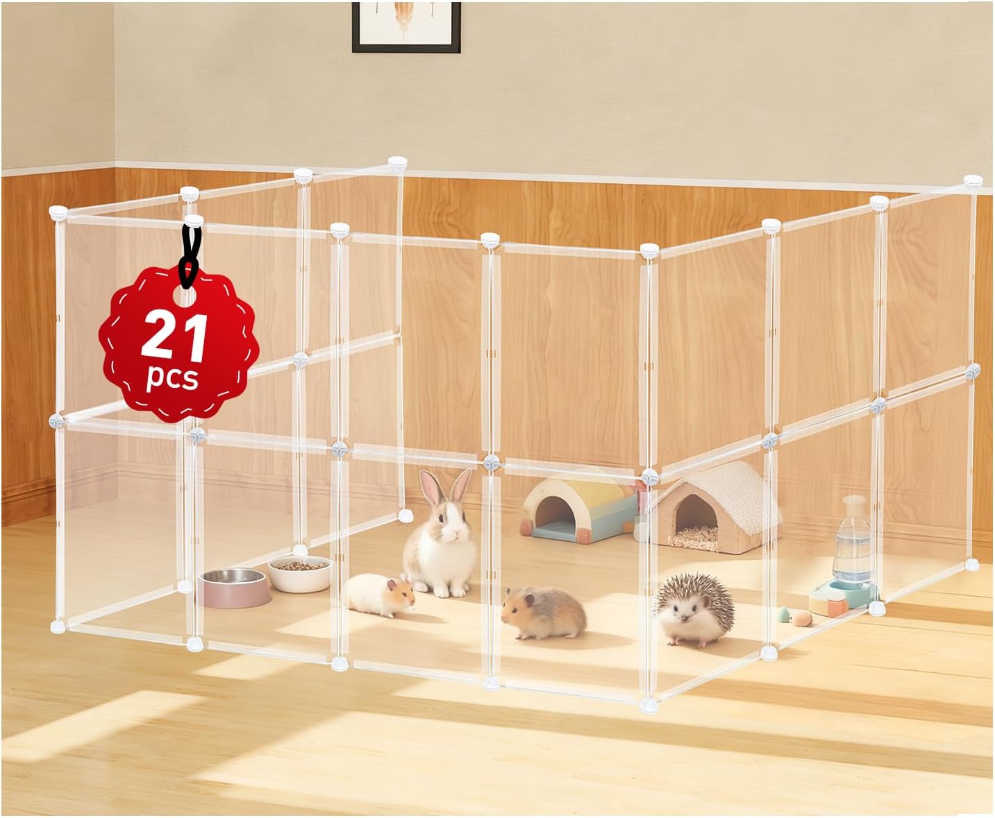 21 Panels 16.5" H Small Animal Playpen, Anti-Jump Durable Puppy Play Pen for Rabbits, Kittens, Chicklings, Ducklings & Hamsters DIY Indoor Outdoor Use, Transparent