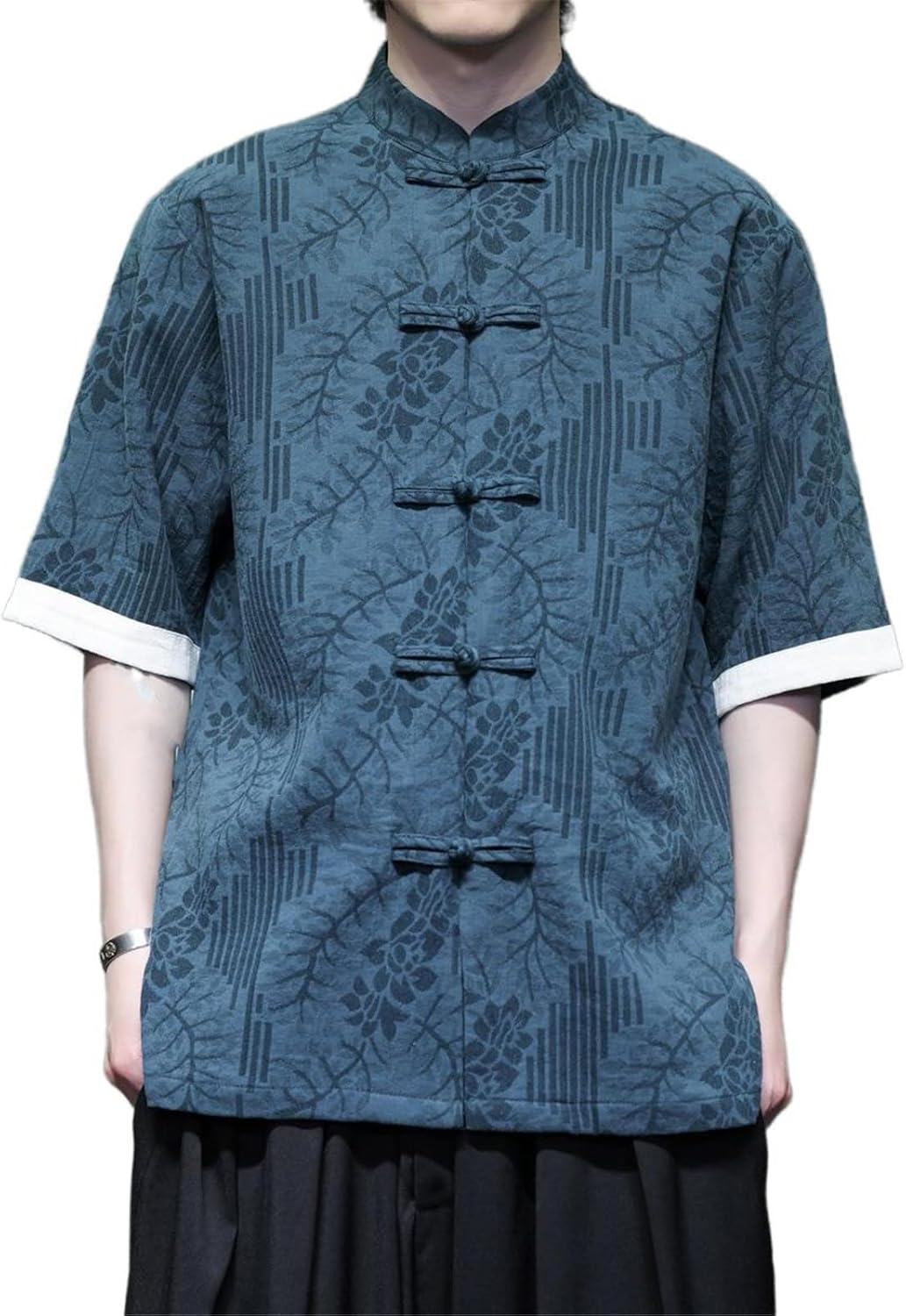 Men's Cotton Linen Zhongshan Suit Short Sleeve Summer Tang Suit T-Shirt