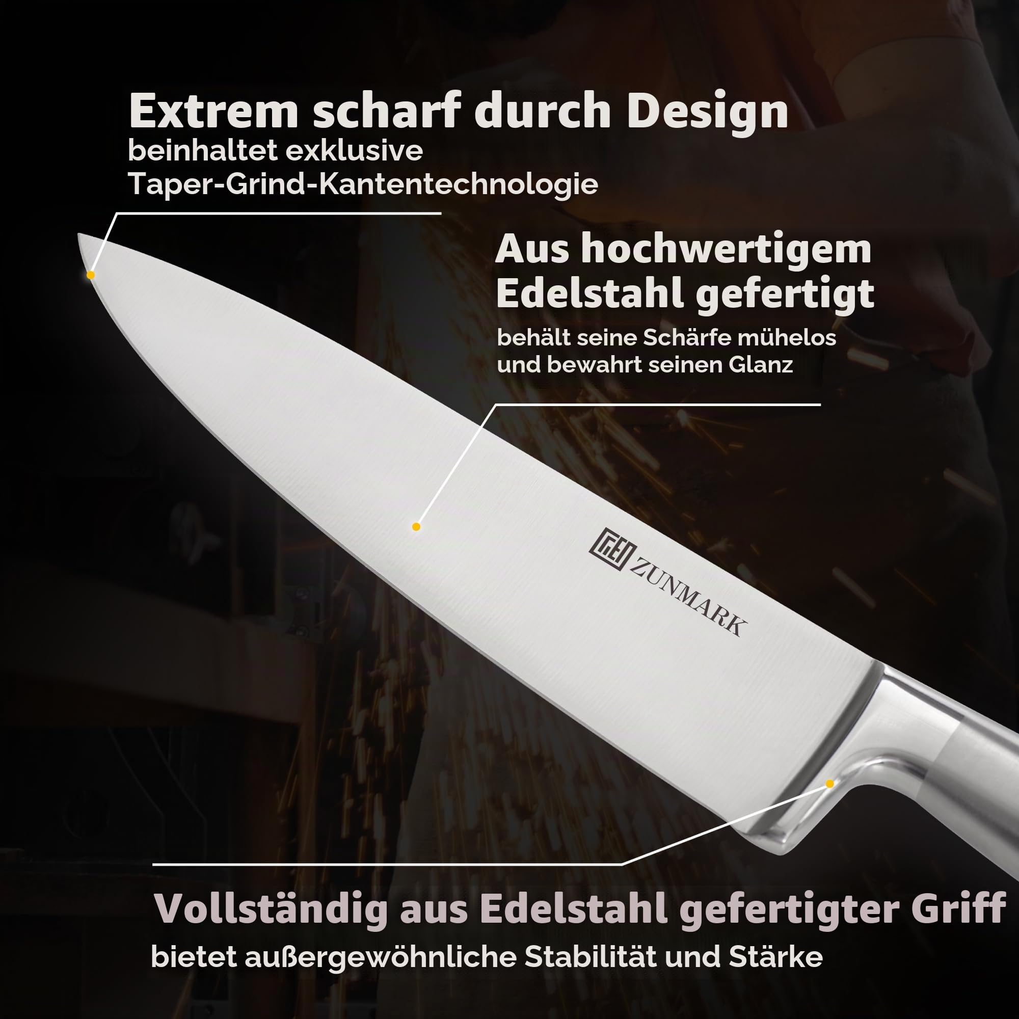 Küchenmesser-Set mit Block, 7-teiliges Kochmesser-Set mit magnetischem Block aus schwarzem Gummibaumholz, Messerblock-Set aus Edelstahl mit hohlen Griffen und Kropf, spülmaschinenfest, platzsparend