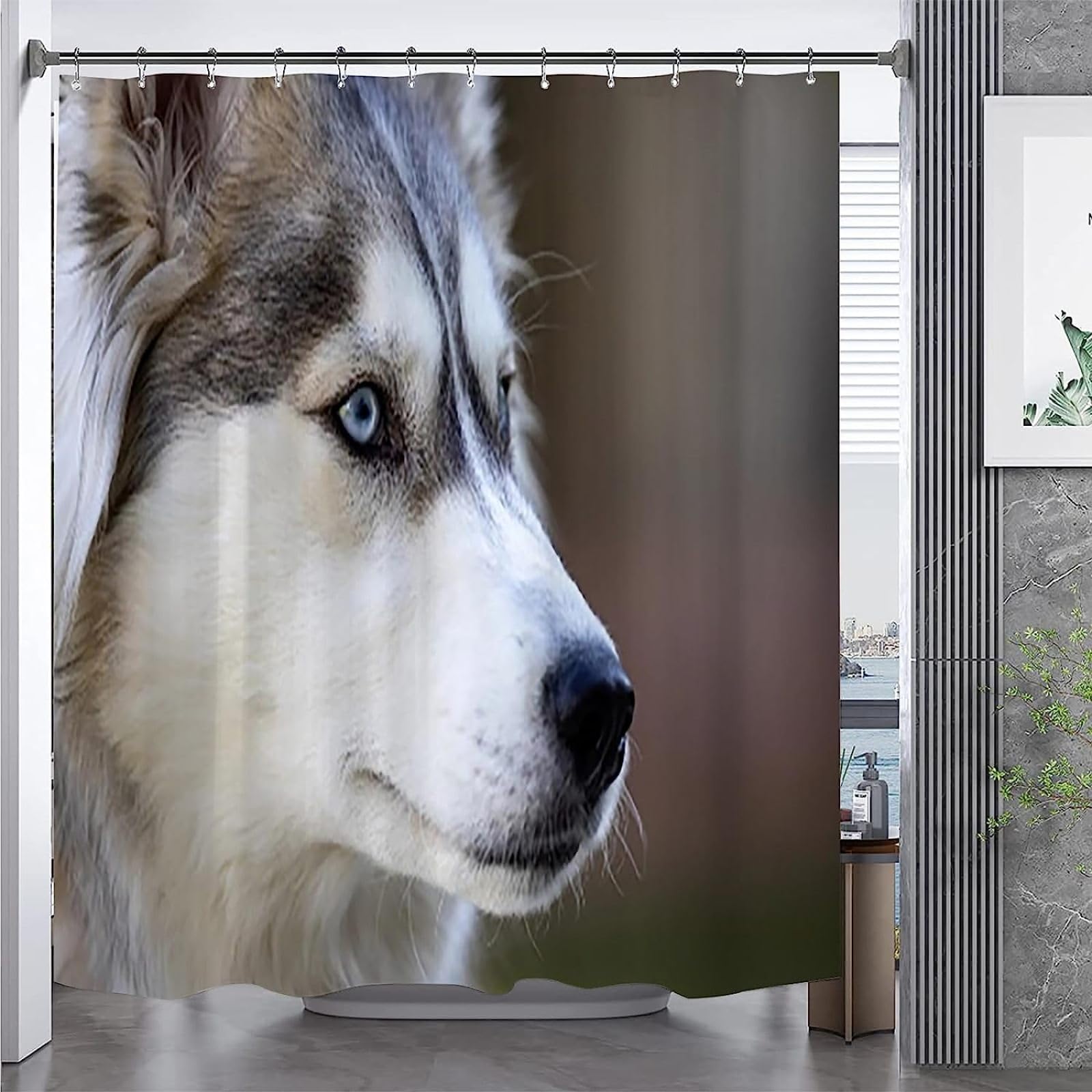 Tenda Da Doccia Primo Piano Sugli Occhi Azzurri Di Un Cane Husky Siberiano, image size:1600x1600