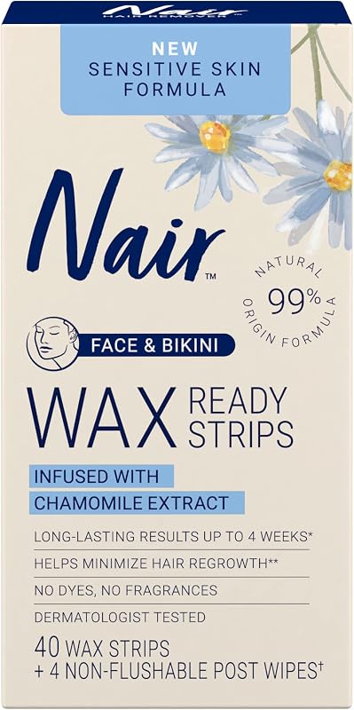 Nair Sensitive Hair Remover Wax Ready Strips, Face and Bikini, 40 Count | For Sensitive Skin, Dermatologist Tested, Ready-to-Use Wax Strips, Chamomile Extract, Soft & Smooth Skin