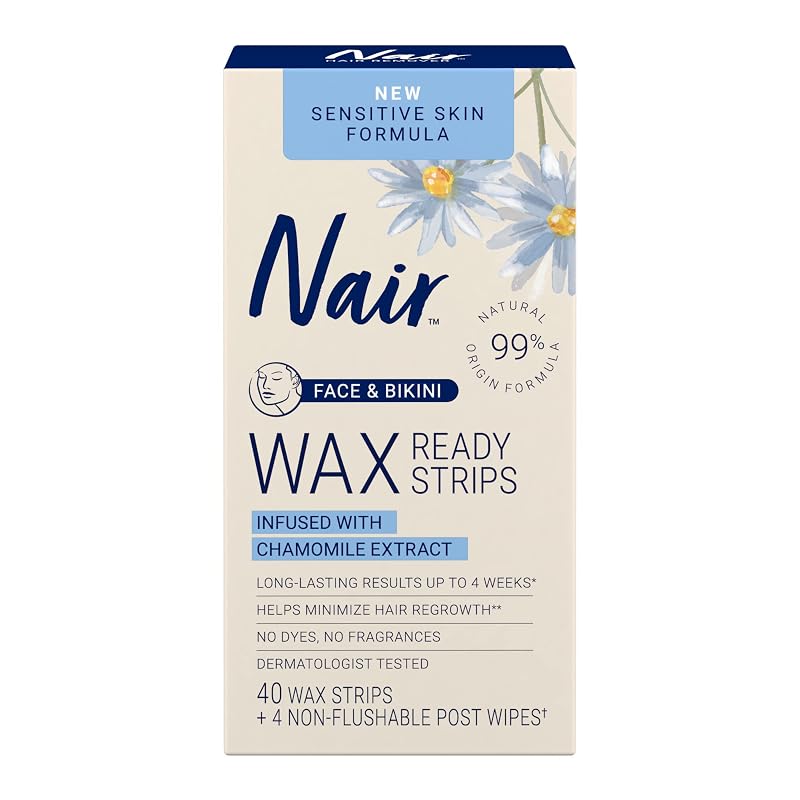 Nair Tiras de cera prontas para depilação facial e linha do biquíni, 40 unidades