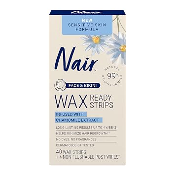 Nair Sensitive Hair Remover Wax Ready Strips, Face and Bikini Hair Removal Wax Strips, 40 Count