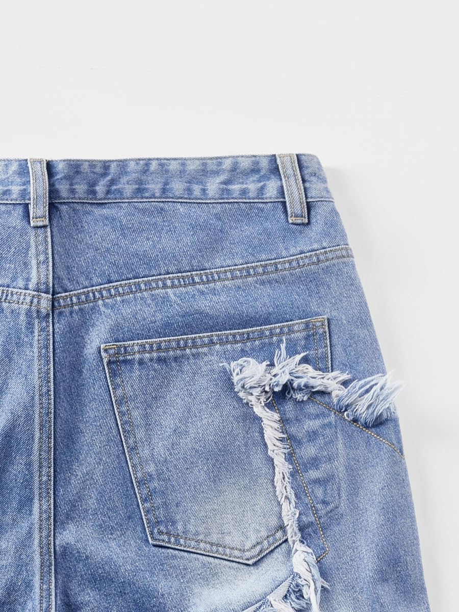 Men's Baggy Jeans Shorts, Vintage Star Pattern Jorts Y2K, Distressed Grunge Jorts for Men, Casual Low Rise Denim