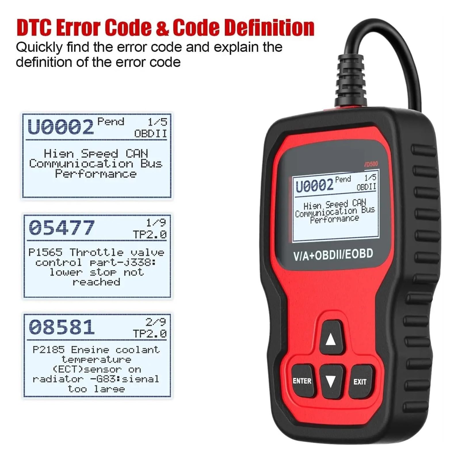 Skaner VD500 OBD2 Kontrolka silnika EPB ABS SRS Czytnik kodów Narzędzie diagnostyczne samochodu,Przyjazny dla użytkownika