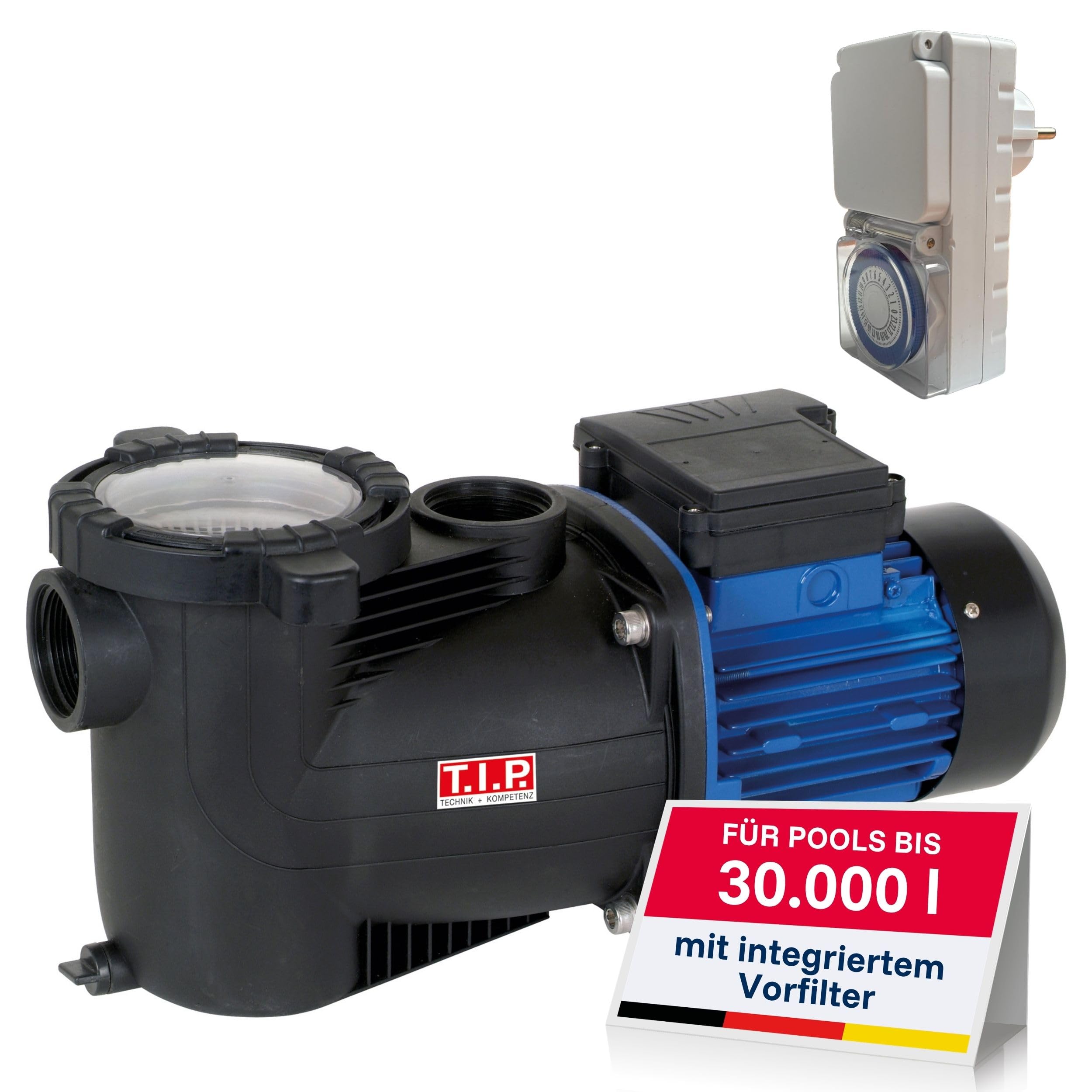 T.I.P. Poolpumpe mit Timer - Selbstansaugende Filterpumpe 10.000 l/h für 30 m³ Pools, 9 m Förderhöhe, Energieeffizient 400 W Leistung, Vorfilter integriert
