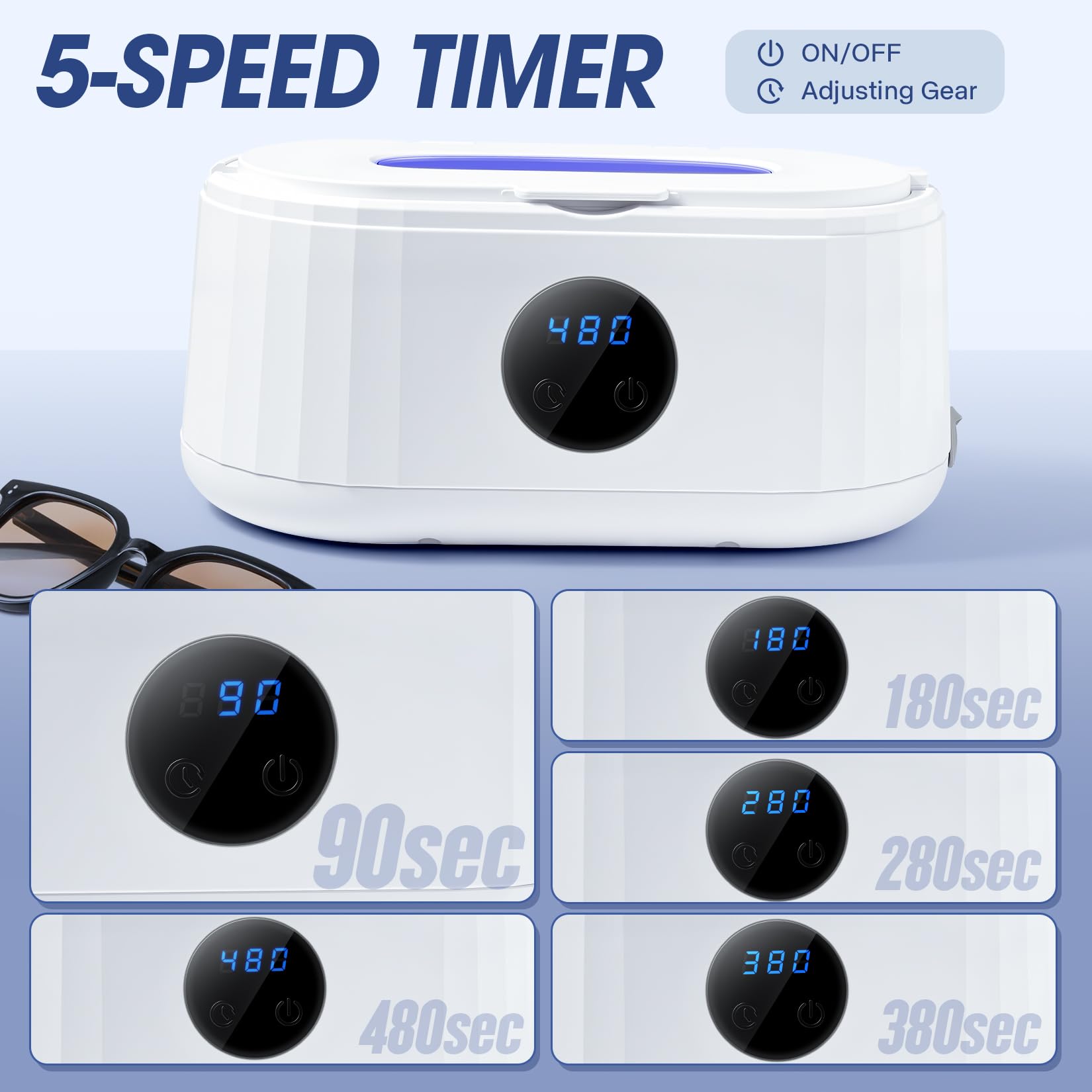 Limpiador ultrasónico de joyas, máquina limpiadora ultrasónica de 49 Khz para dentaduras postizas, lentes, correa de reloj, aparatos ortopédicos, anillos, joyas, 5 modos de limpieza con luz azul y