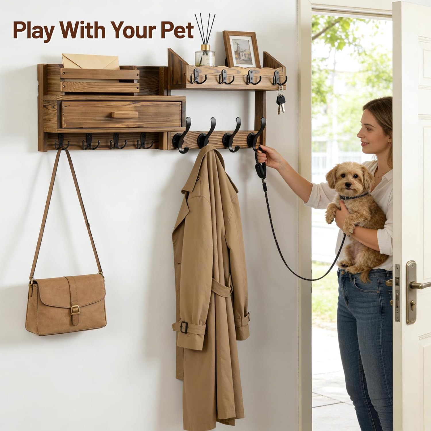 29" Coat Rack Wall Mount with Shelf & Drawer, Heavy Duty Wood Entryway Organizer, Wall Coat Hanger with 12 Metal Hooks, Wall Mounted Coat Rack Key & Mail Holder for Living Room, Bedroom