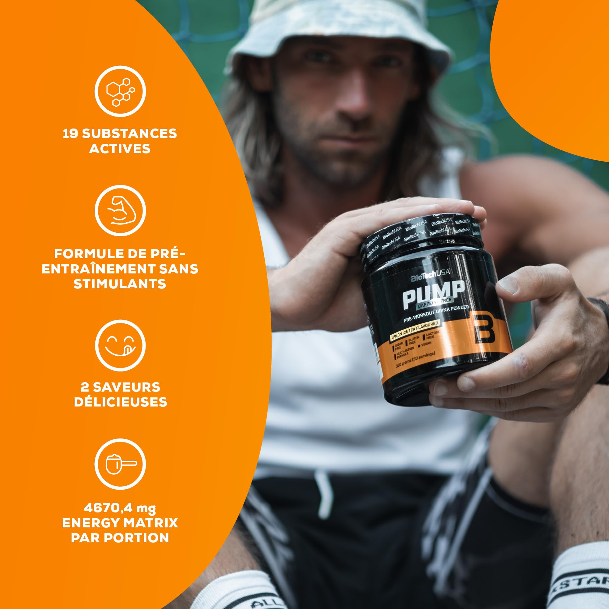 BioTechUSA Pump Caffeine Free | Énergie, concentration et soutien immunitaire | 19 Ingrédients actifs | Boisson en poudre pré-entraînement, 330 g, Fruits Exotiques