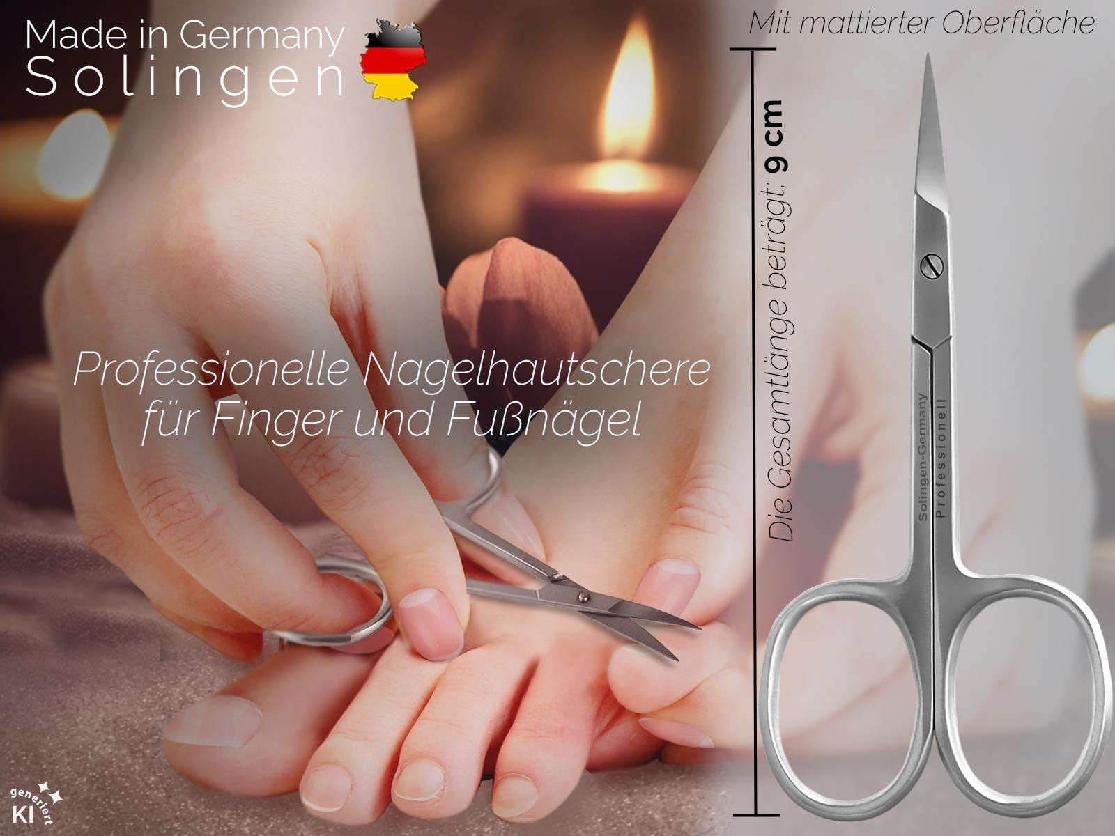 Nagelhautschere Hautschere aus Solingen Extra Scharf mit feiner gebogener Schnittfläche Nagelhaut Schere Edelstahl Rostfrei Made in Germany zum präzisen kürzen schneiden von Nagelhautresten 9,0 cm