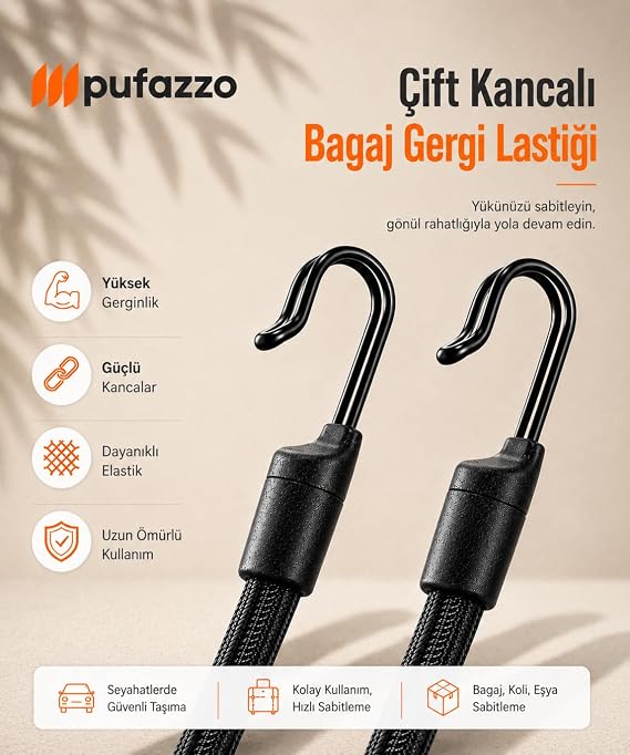Kancalı Bagaj Gergi Lastiği - Paslanmaz Çelik Çift Kancalı, Motor ve Bisiklet Sabitleme Lastiği - 3 Adet (Siyah, 90cm)