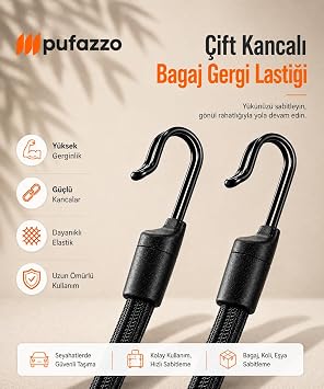 Kancalı Bagaj Gergi Lastiği - Paslanmaz Çelik Çift Kancalı, Motor ve Bisiklet Sabitleme Lastiği - 3 Adet (Siyah, 90cm)