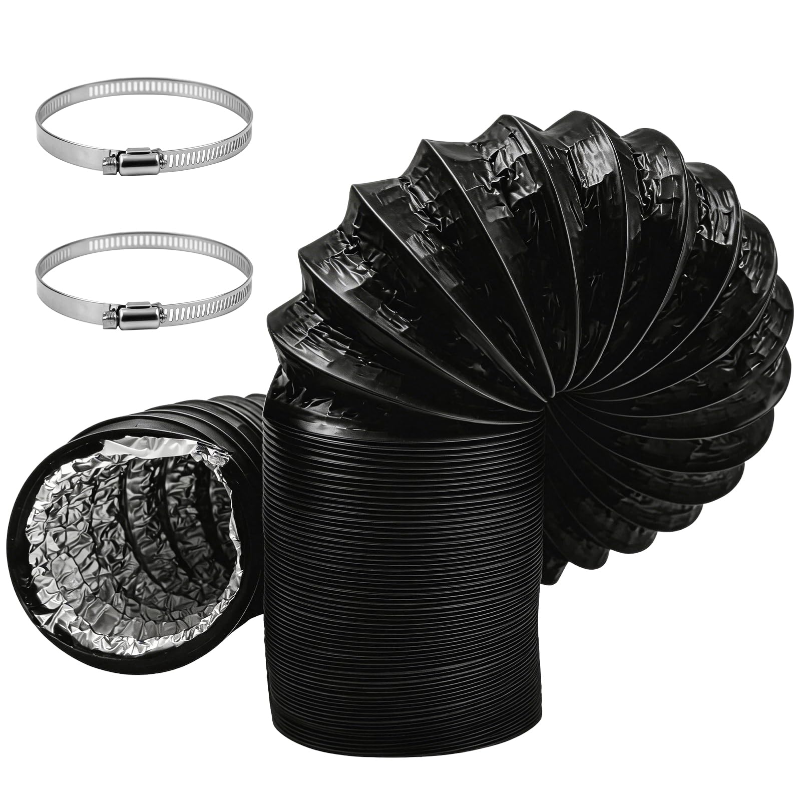 Vidoxdu 4inch x 10ft(3M) Air Conditioning Duct Hose, 100mm Flexible PVC Aluminium Ventilation Pipe with 2 Clamps for Tumble Dryer, Cooker Hood, Extractor Fan, Air Condition - Black