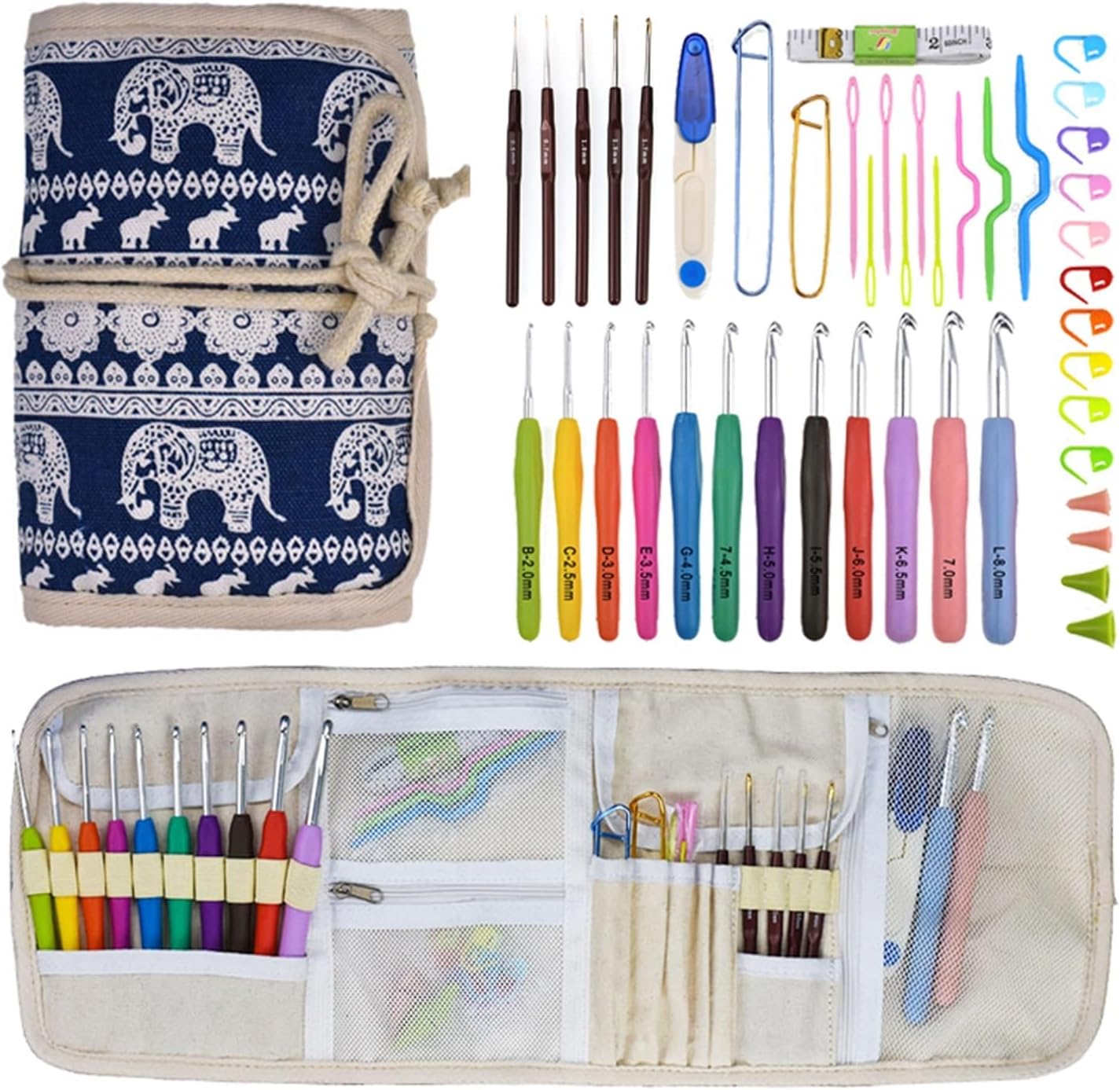 ASWRTYJO Soft Handle Crochet Set Anti-Slip Weaving Tool Set Needle Set 12 Extended Printed Gold Lace Needle Elephant Sewing Tools(E)