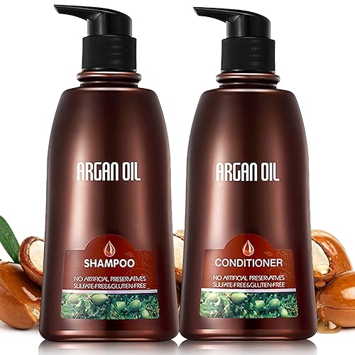 Juego de 2 champú y acondicionador de aceite de argán marroquí orgánico natural sin sulfatos  Tratamiento seguro para el color, protección UV,