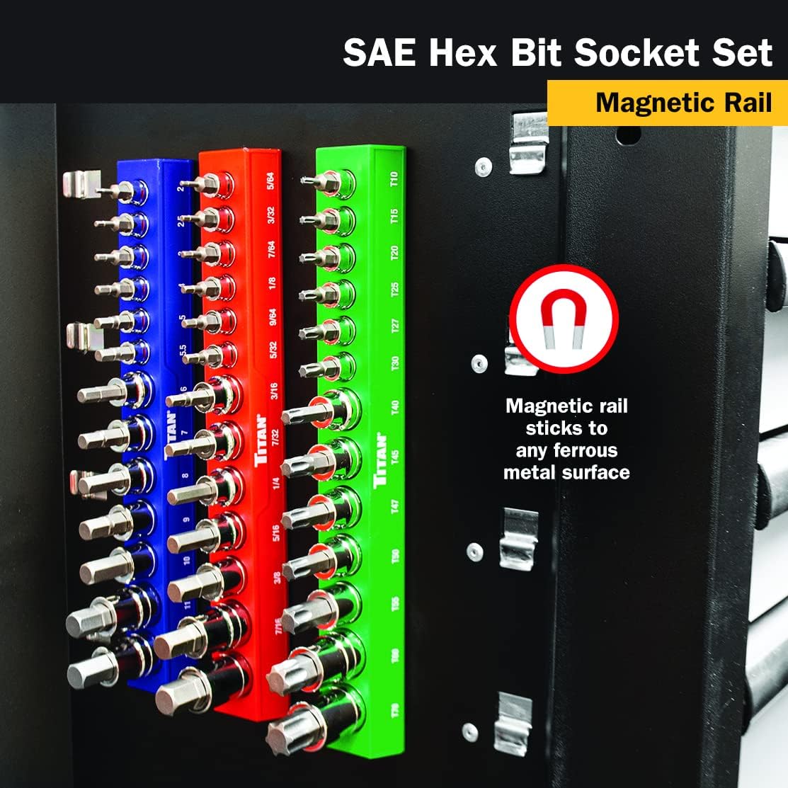 Titan 85530 13-Piece SAE Hex Bit Socket Set, Magnetic Socket Organizer with Laser-Etched Size Markings