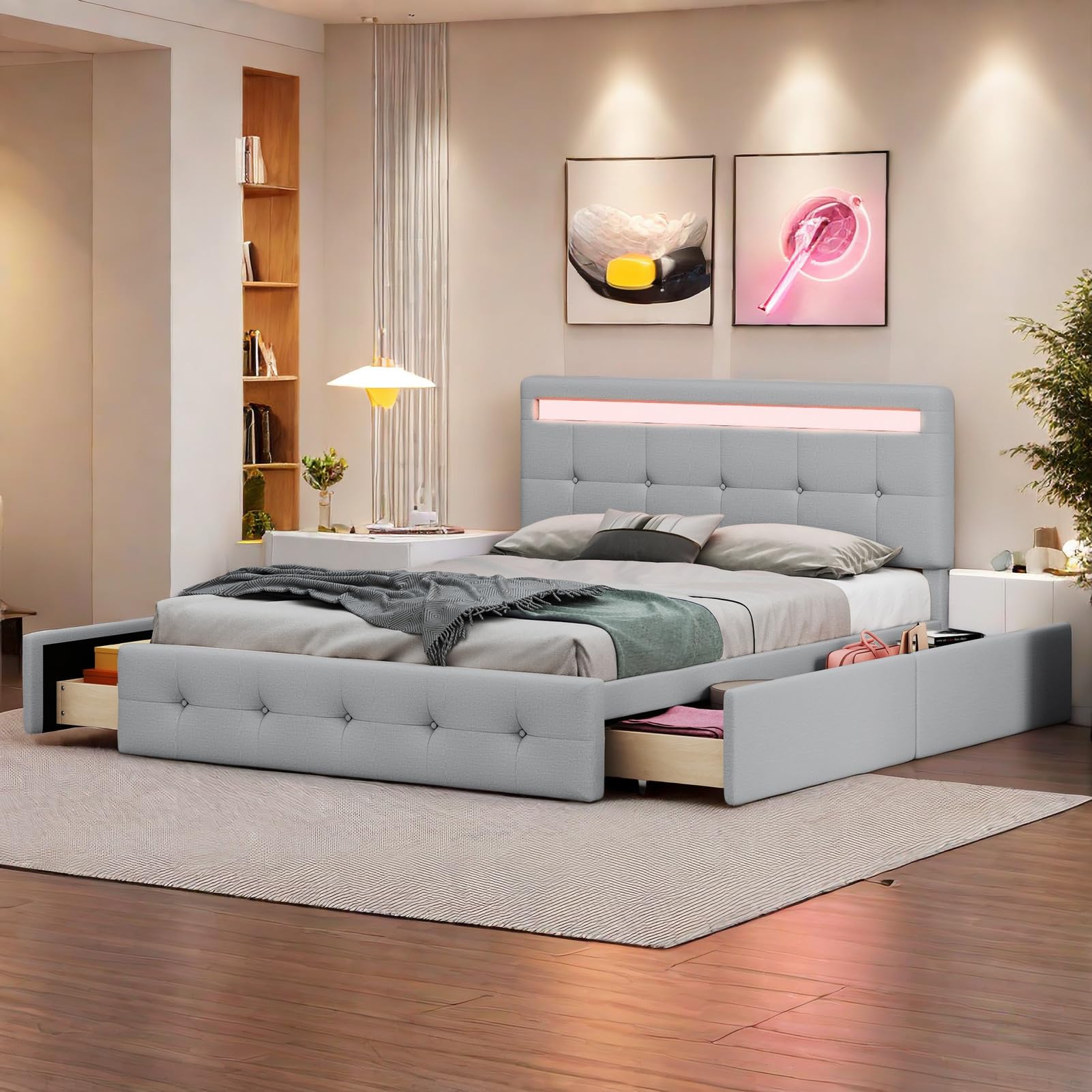 Bett Mit Bettkasten 140x200 Cm – 4 Schubladen, LED-Beleuchtung, USB-Ladeanschlüsse, Gepolstertes Kopfteil