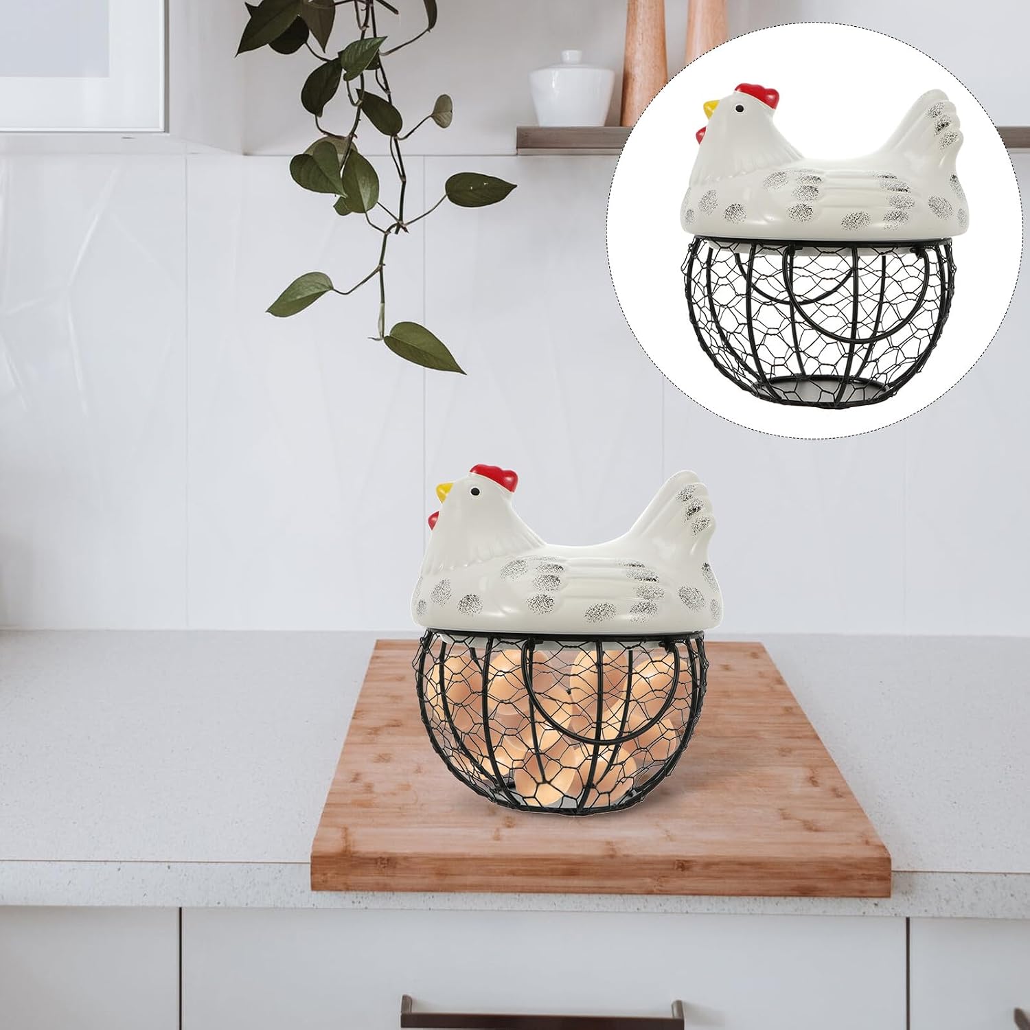 Chicken Design Iron Egg Holder and Snack Storage Basket, Small White Iron Wire Basket for Kitchen and Dining Organization, Decorative Egg Storage Rack for Home Use