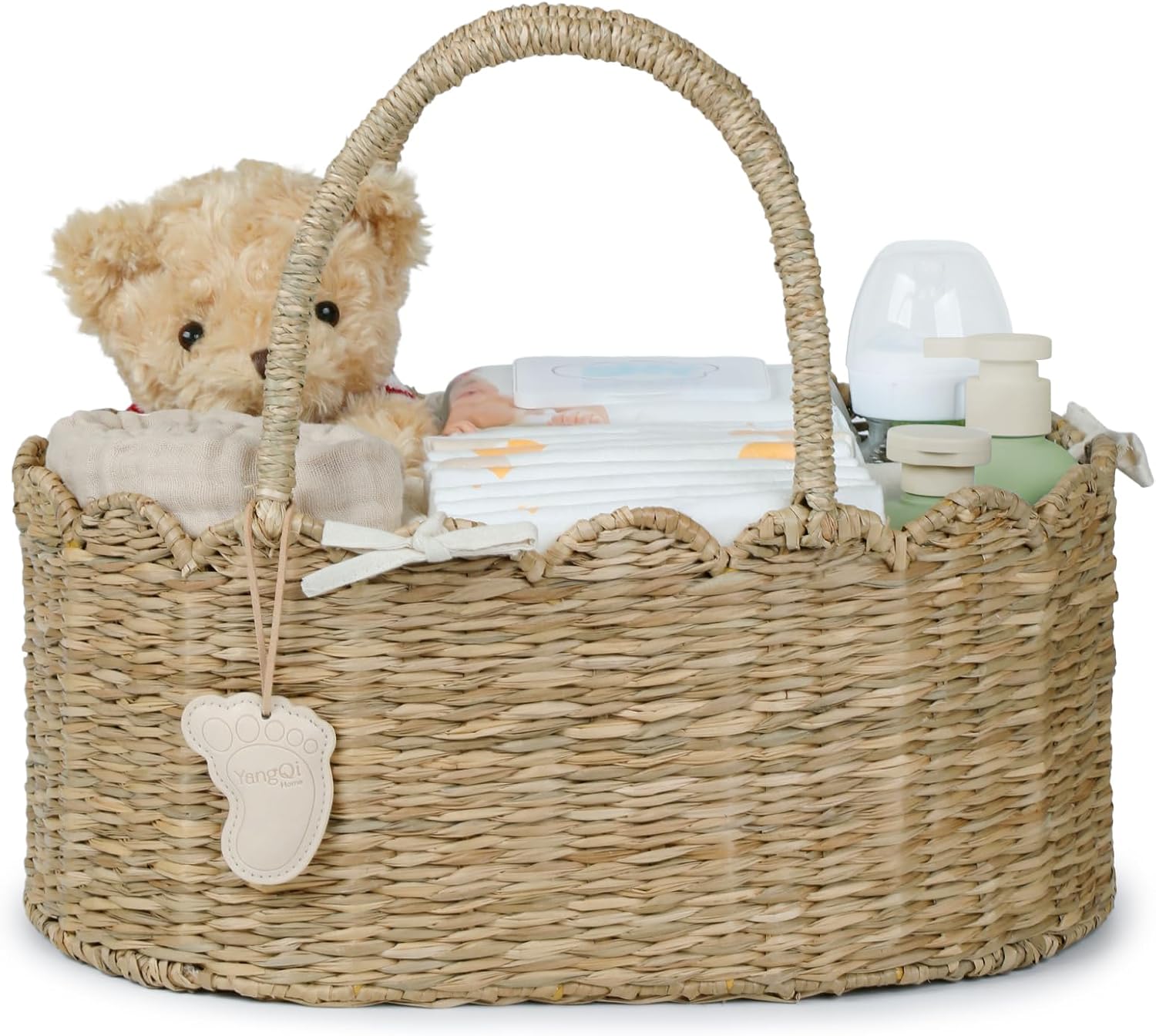 YANGQIHOME Diaper Caddy Organizer, Seagrass Nursery Baby Basket for Baby Essentials, Scalloped Wicker Diaper Caddy, Baby Shower Gifts (MeadowNest)