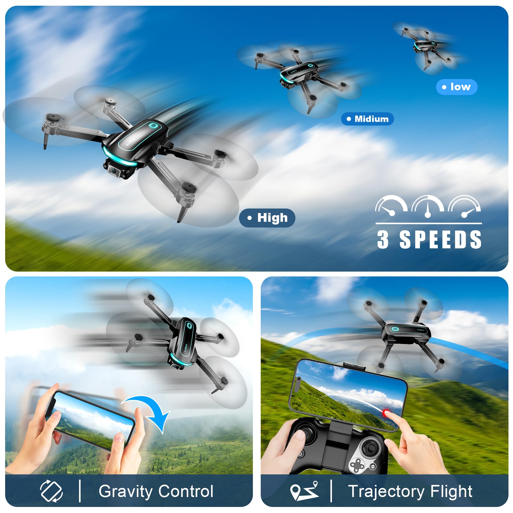 Drone with Camera, Drones for Adults and Beginners, 1080P HD FPV Foldable Mini Drones for Kids, with 2 Batteries, Carrying Case, Trajectory Flight, Gravity Control, One-Key Takeoff/Landing, 360° Flip, Toys for Gift