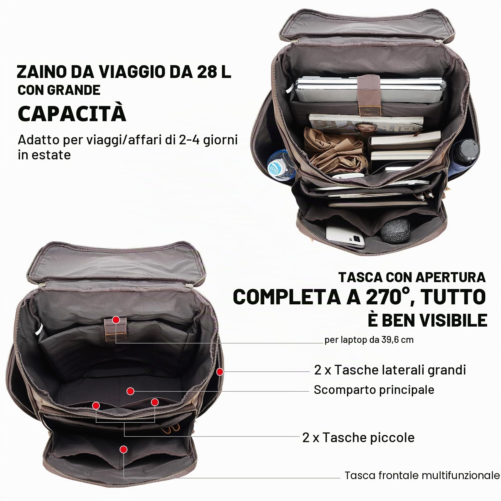 TIDING Grande Zaino da Viaggio Uomo con Porta Laptop 15.6 Pollici in Vera Pelle Vintage Zaino Business per Escursionismo e Trekking, Marrone